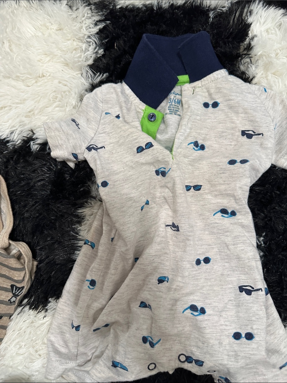 Gray Baby Polo Romper with Navy Collar and Sunglasses Print